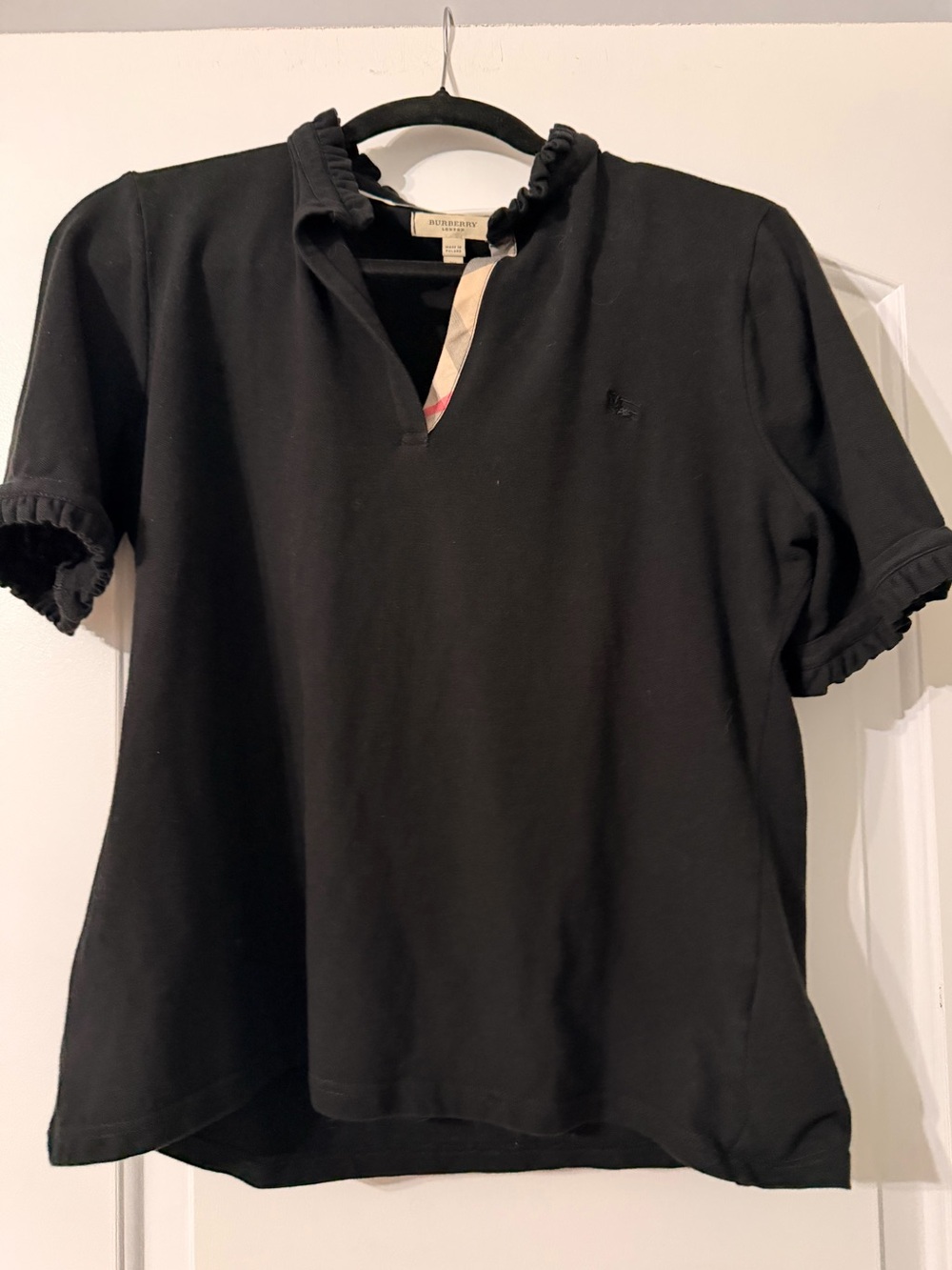 Burberry Black Short-Sleeve V-Neck Top with Check Trim